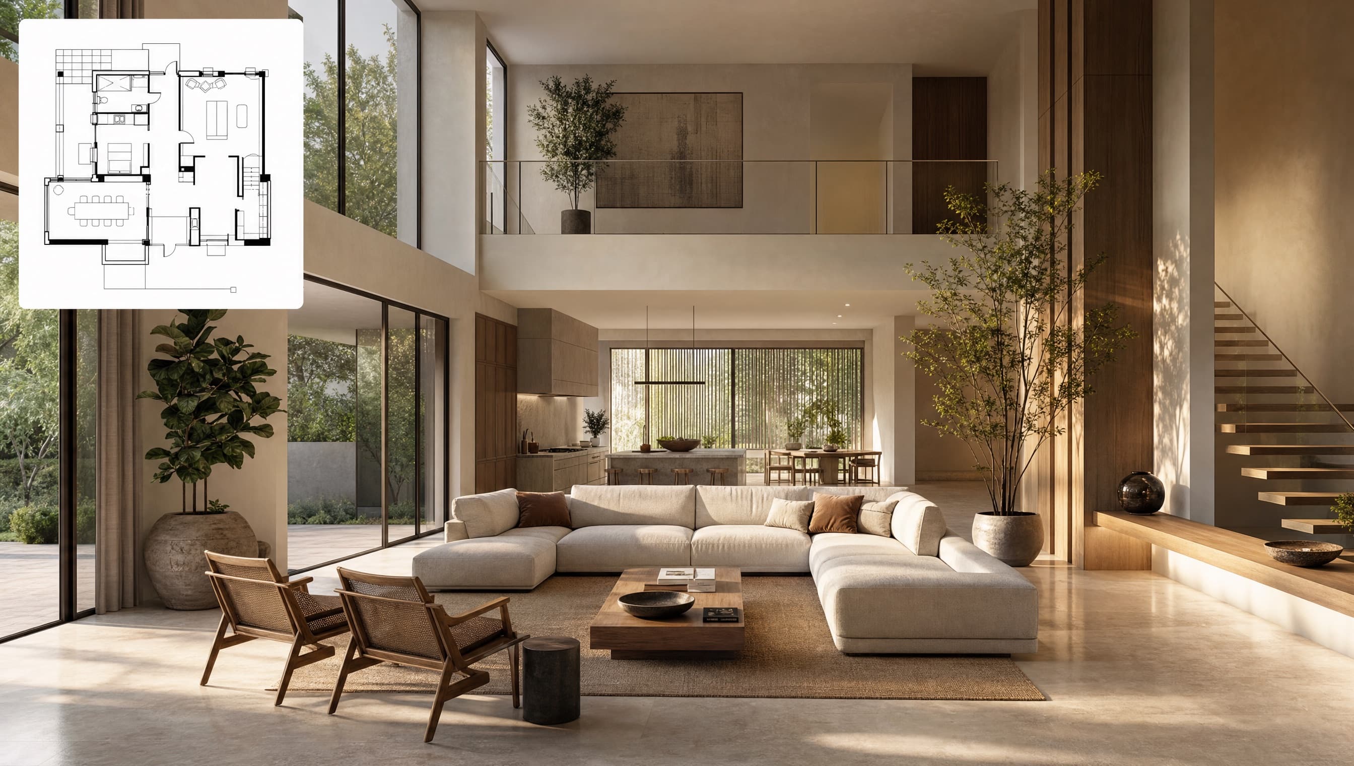Floor plan overlay transformed into a photorealistic interior render